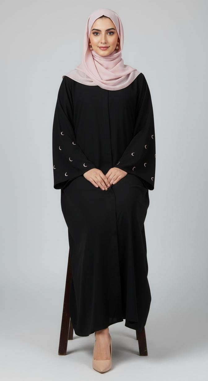 Pink Cresent Embroiderd Abaya