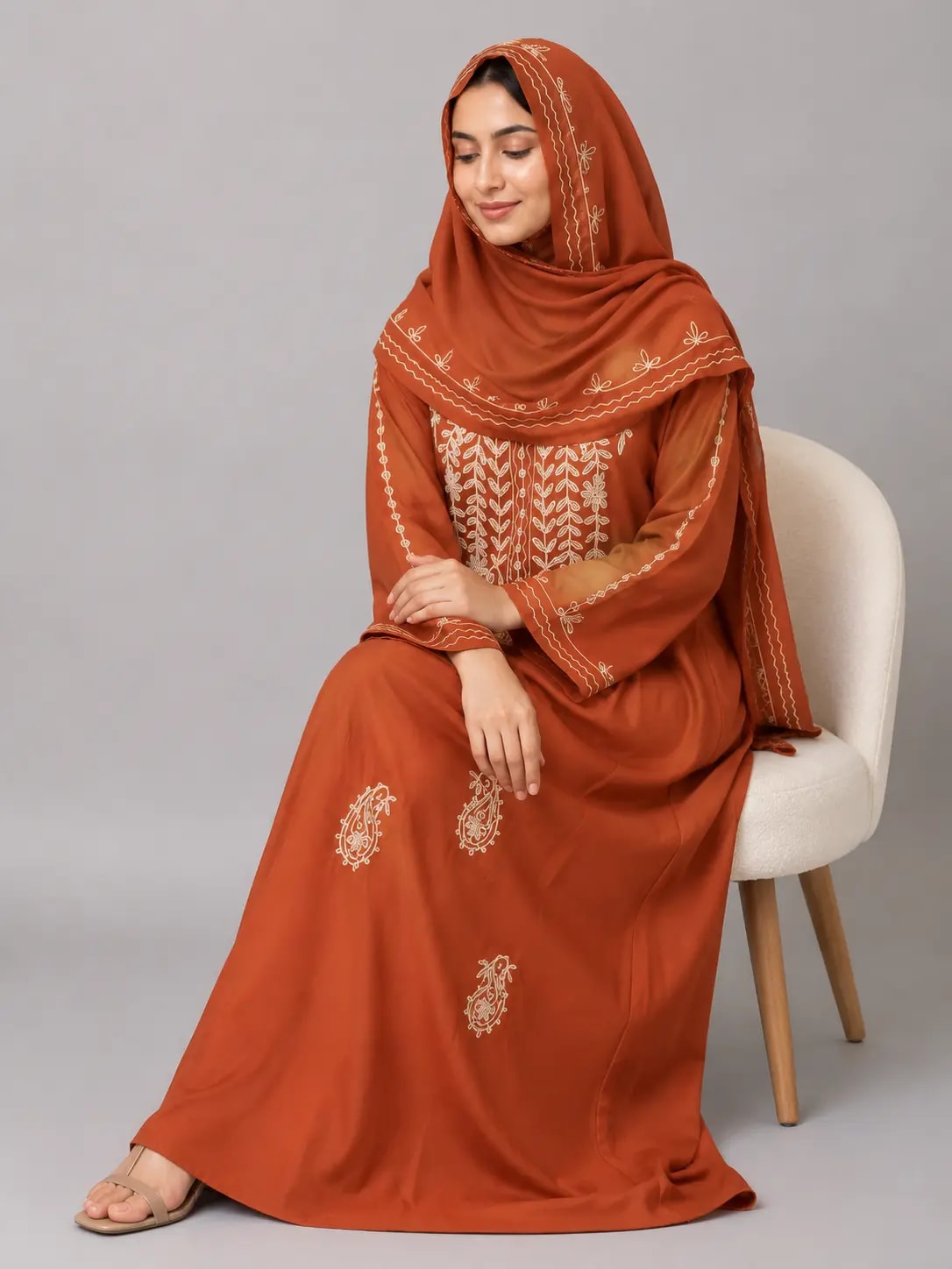 The Mehrunnisa Rust Embroidered Modest Maxi