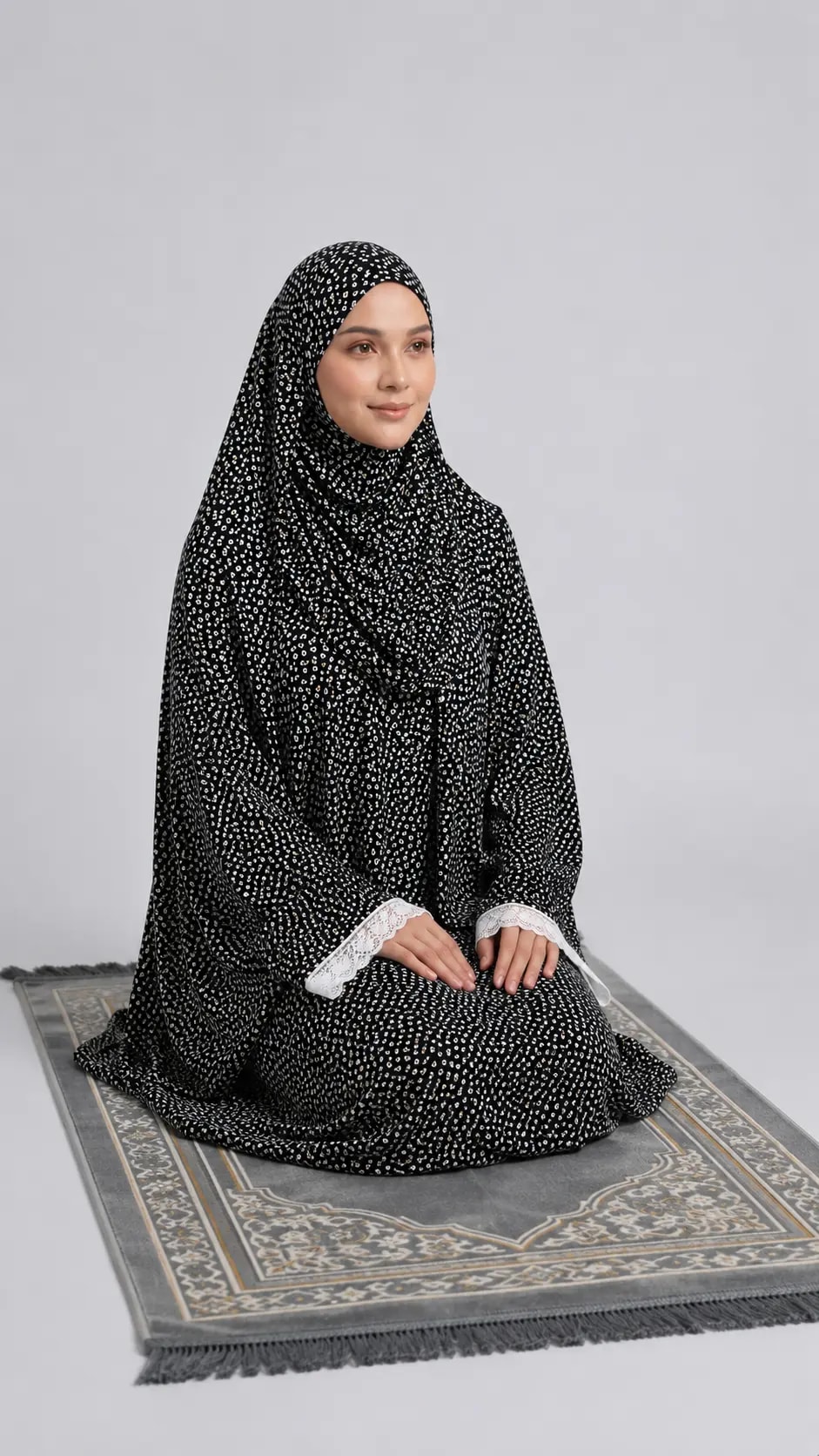AL Noor Black & White Floral Printed Prayer Dress
