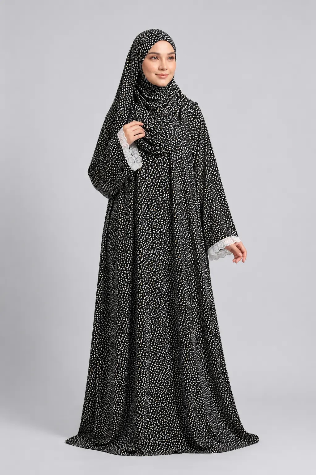 AL Noor Black & White Floral Printed Prayer Dress