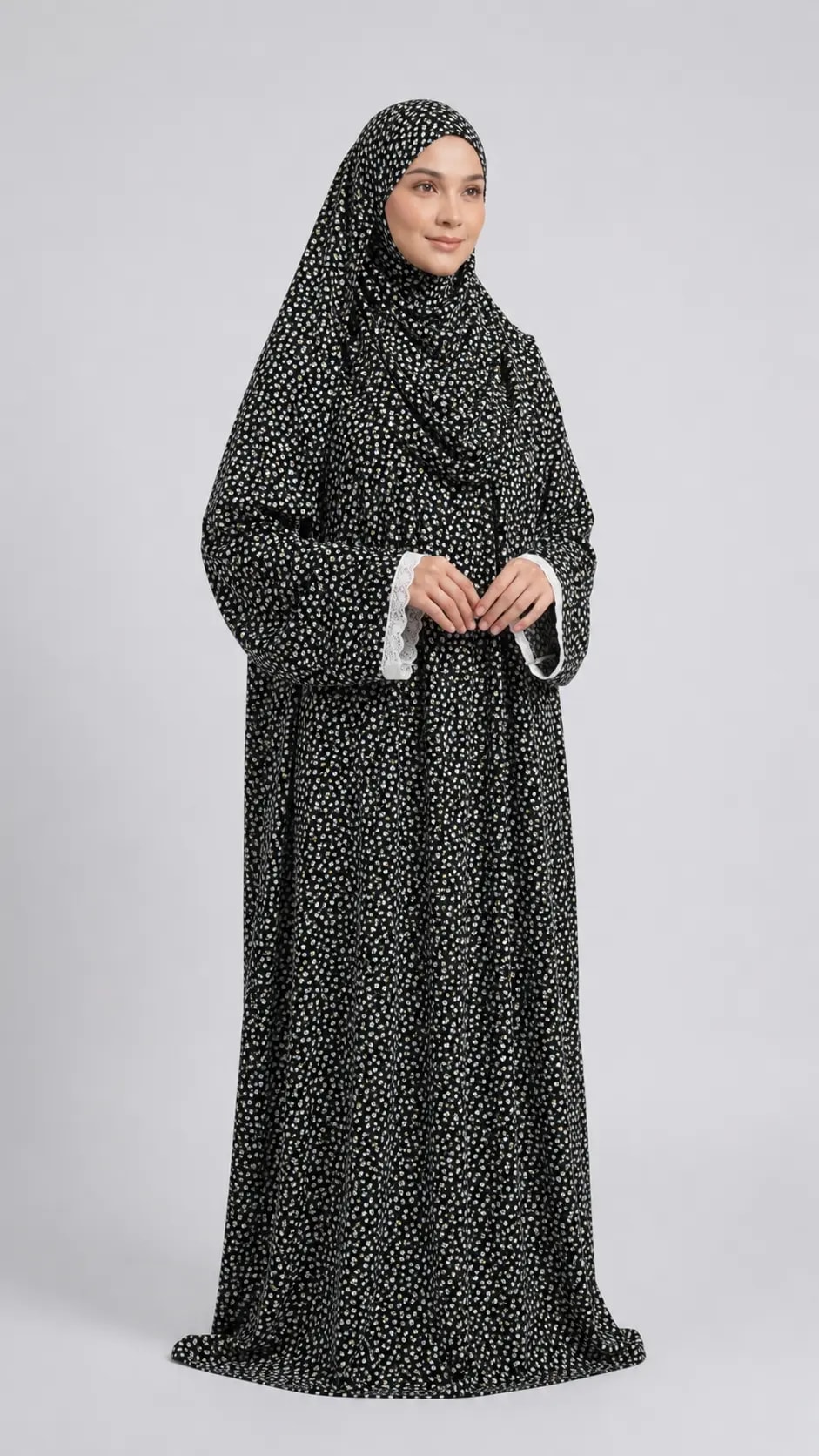 AL Noor Black & White Floral Printed Prayer Dress