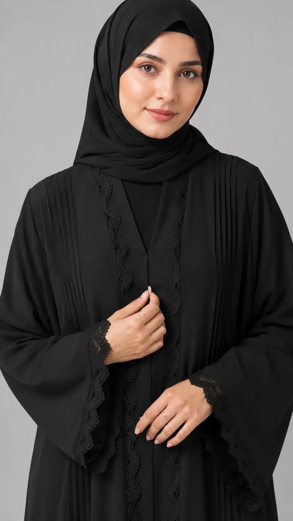 Midnight Pleats & Lace Detailing Abaya