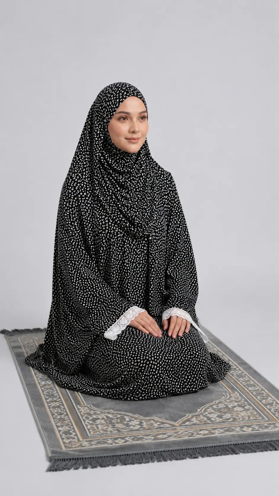 AL Noor Black & White Floral Printed Prayer Dress
