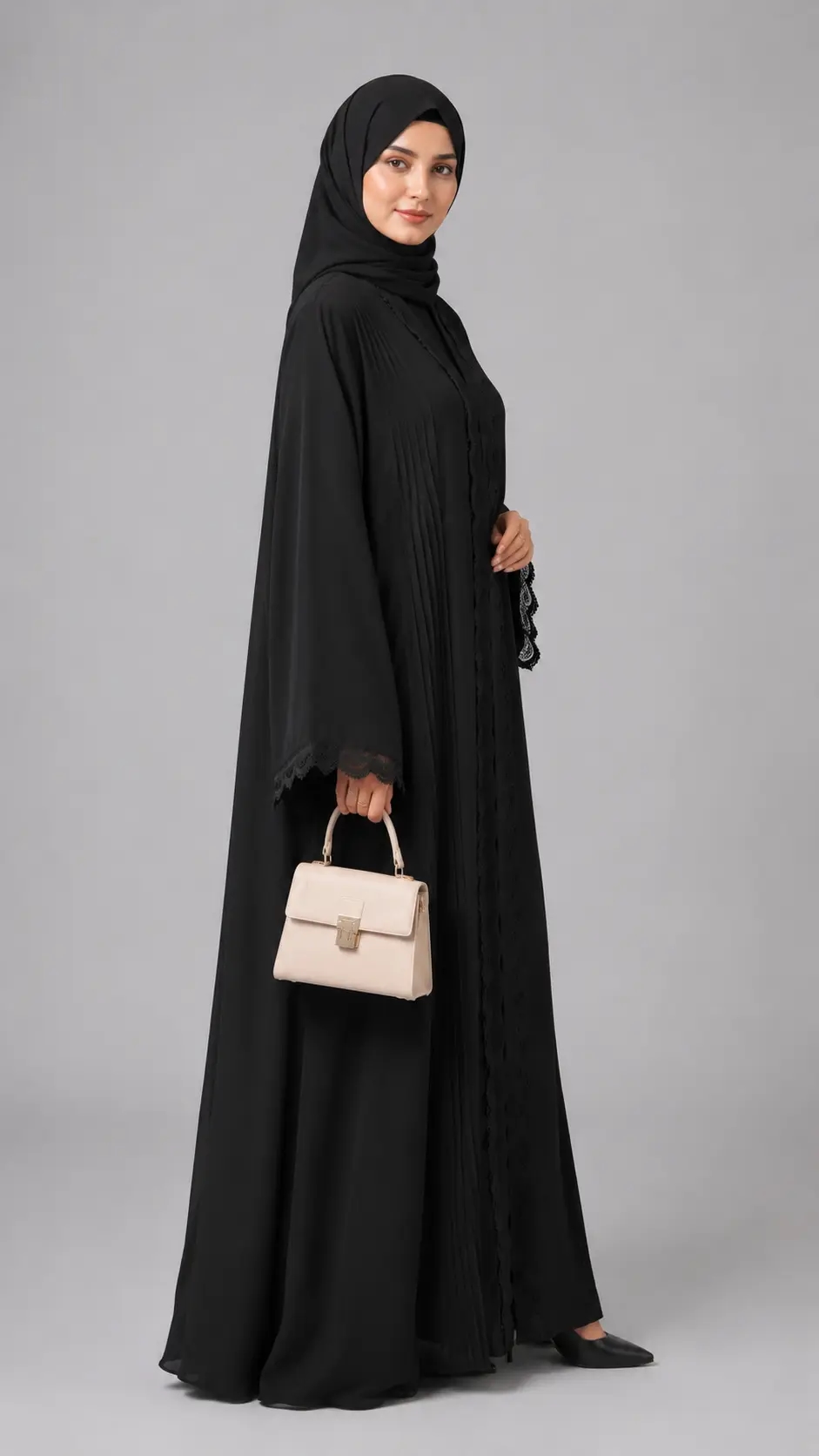 Midnight Pleats & Lace Detailing Abaya