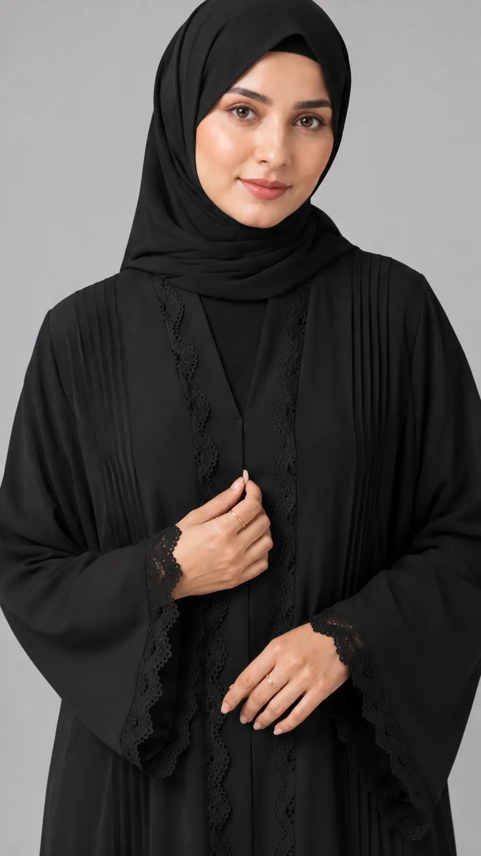Midnight Pleats & Lace Detailing Abaya