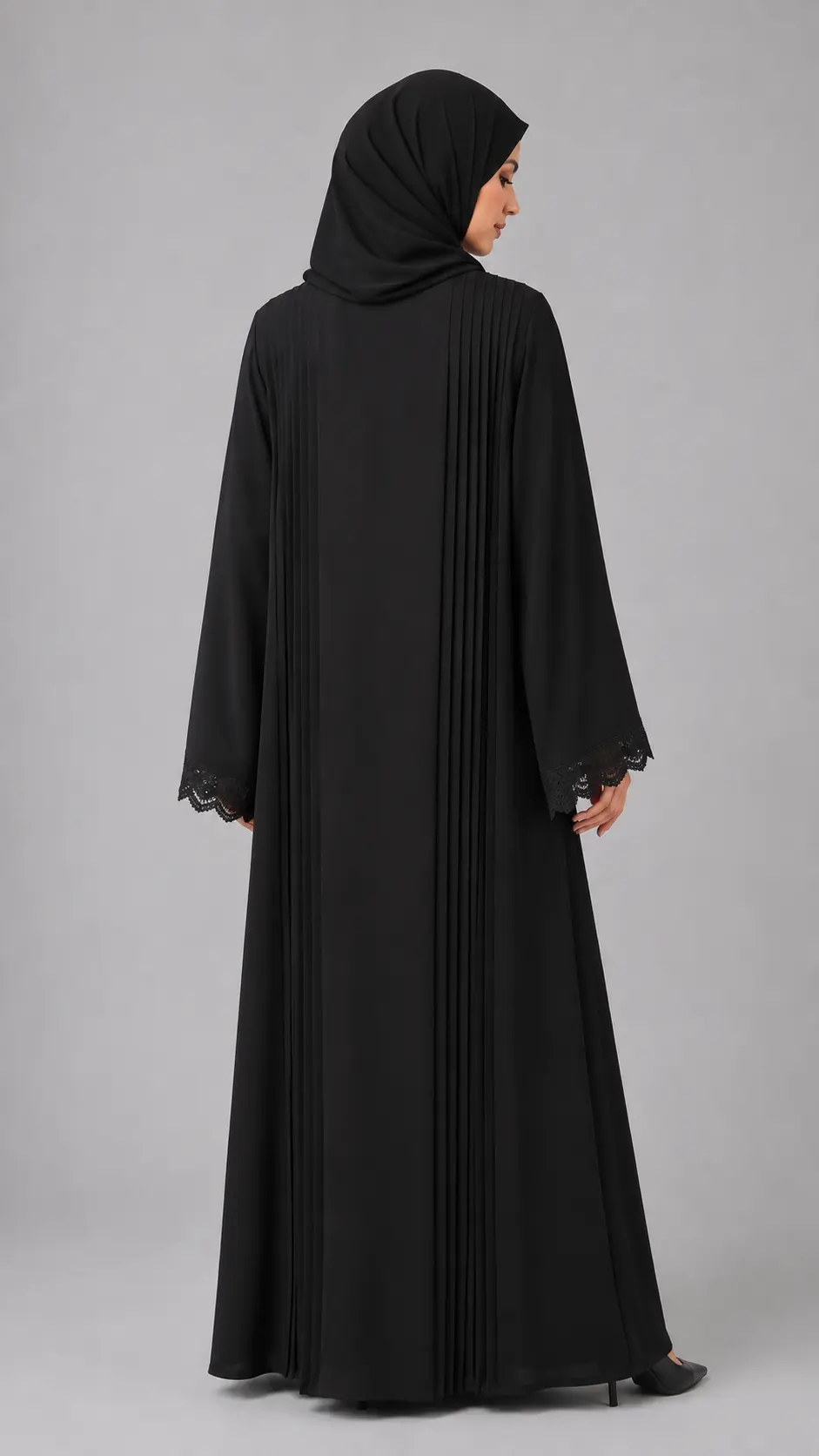 Midnight Pleats & Lace Detailing Abaya